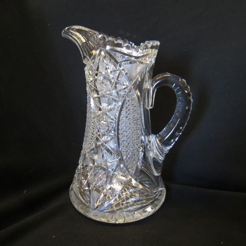 Appraisal: Cut Glass Pitcher elaborate feathered star marquise cane diamond point