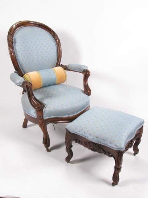 Appraisal: Victorian Oval-back upholstered arm chair blue walnut late th century