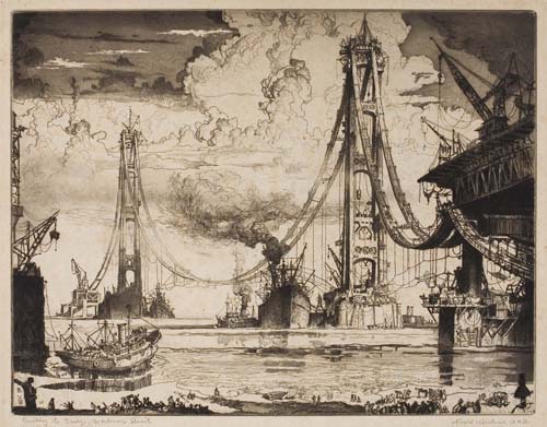 Appraisal: REYNOLD WEIDENAAR Building the Bridge Mackinac Straits Etching and aquatint