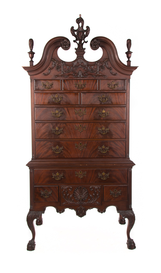 Appraisal: Fine Kittinger Chippendale style mahogany highboy broken arched pediment with