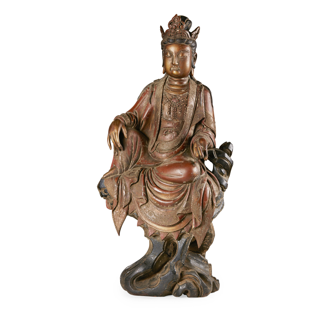 Appraisal: LARGE LACQUER WOOD FIGURE OF GUANYIN seated in dhyanasana with