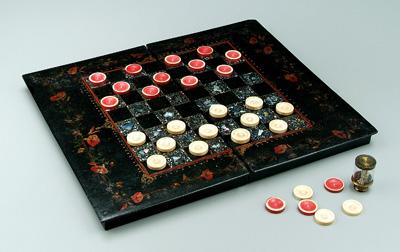 Appraisal: Folding papier mache game board mother-of-pearl inlay checkers or chess