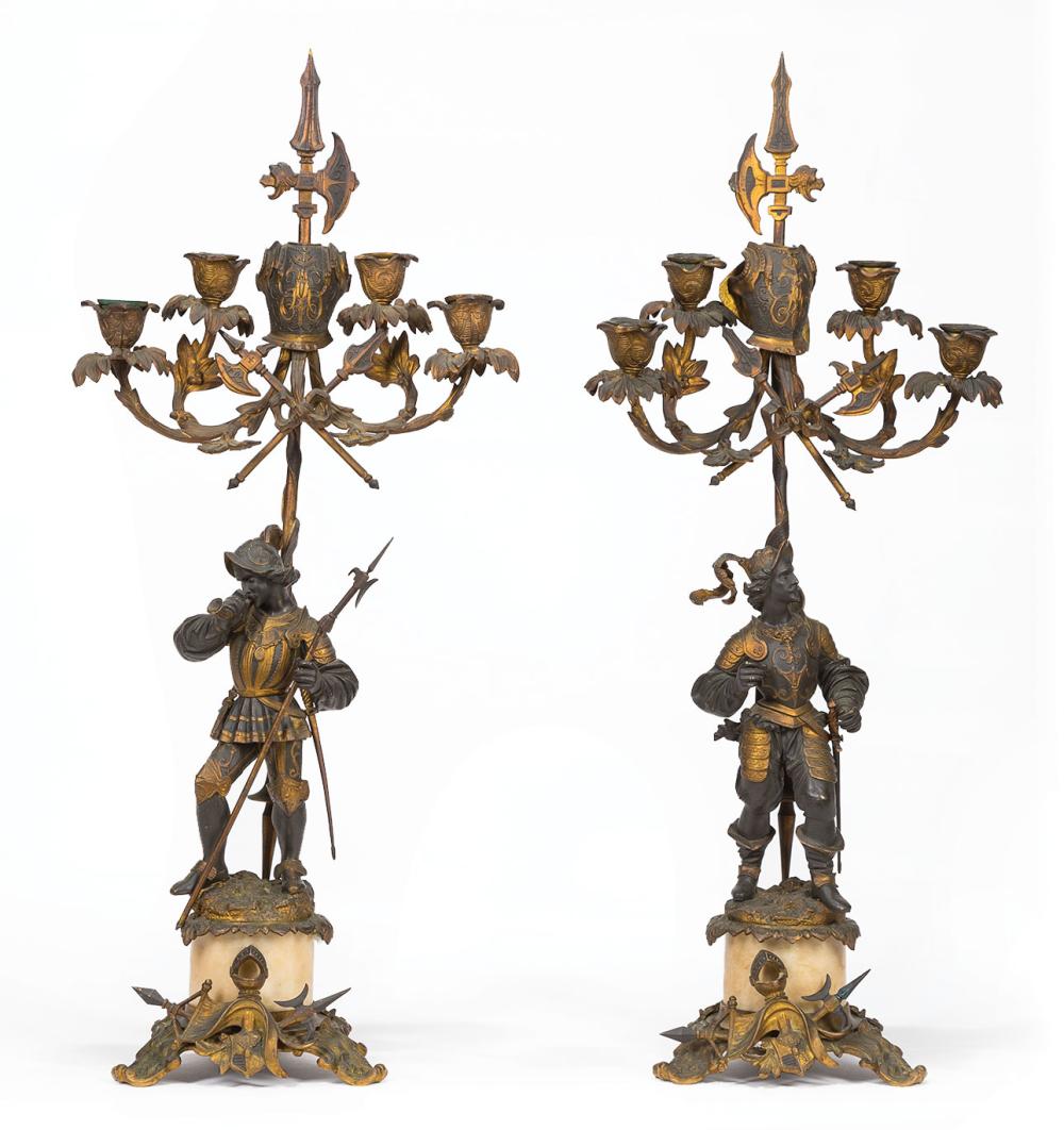 Appraisal: Pair of French Gilt and Patinated Bronze Four-Light Figural Candelabra