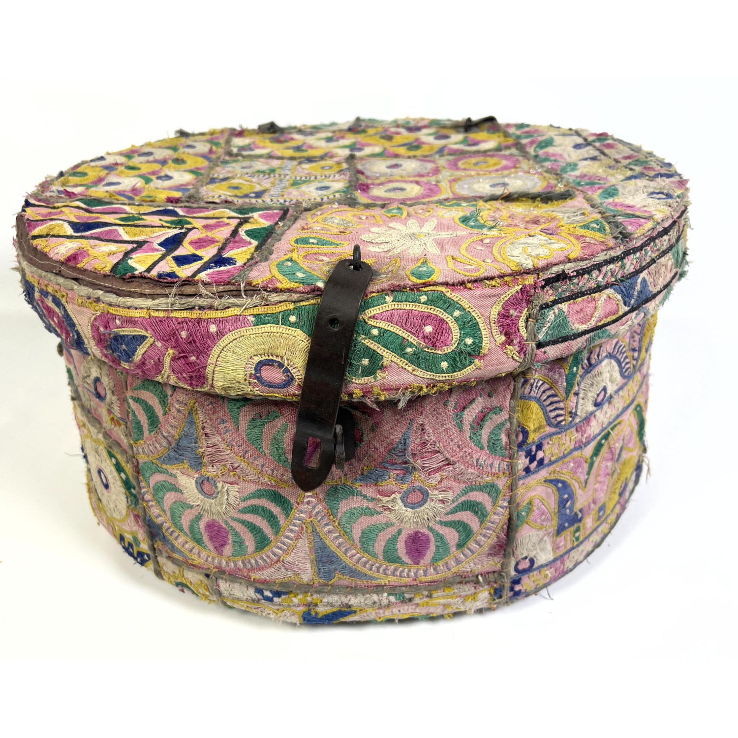 Appraisal: Tribal Colorful woven round box with iron hinges Dimensions H