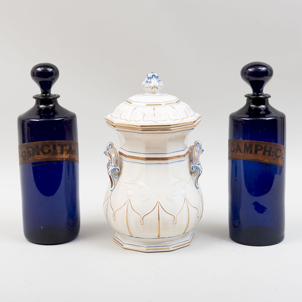 Appraisal: Two Victorian Cobalt Glass Apothecary Jars and Stoppers and a