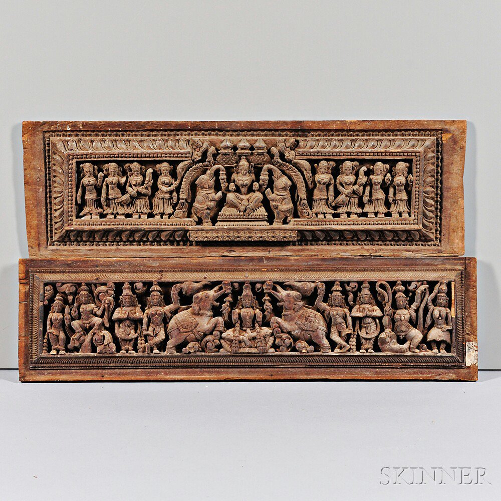 Appraisal: Two Wooden Lintel Friezes India both depicting a four-armed Lakshmi