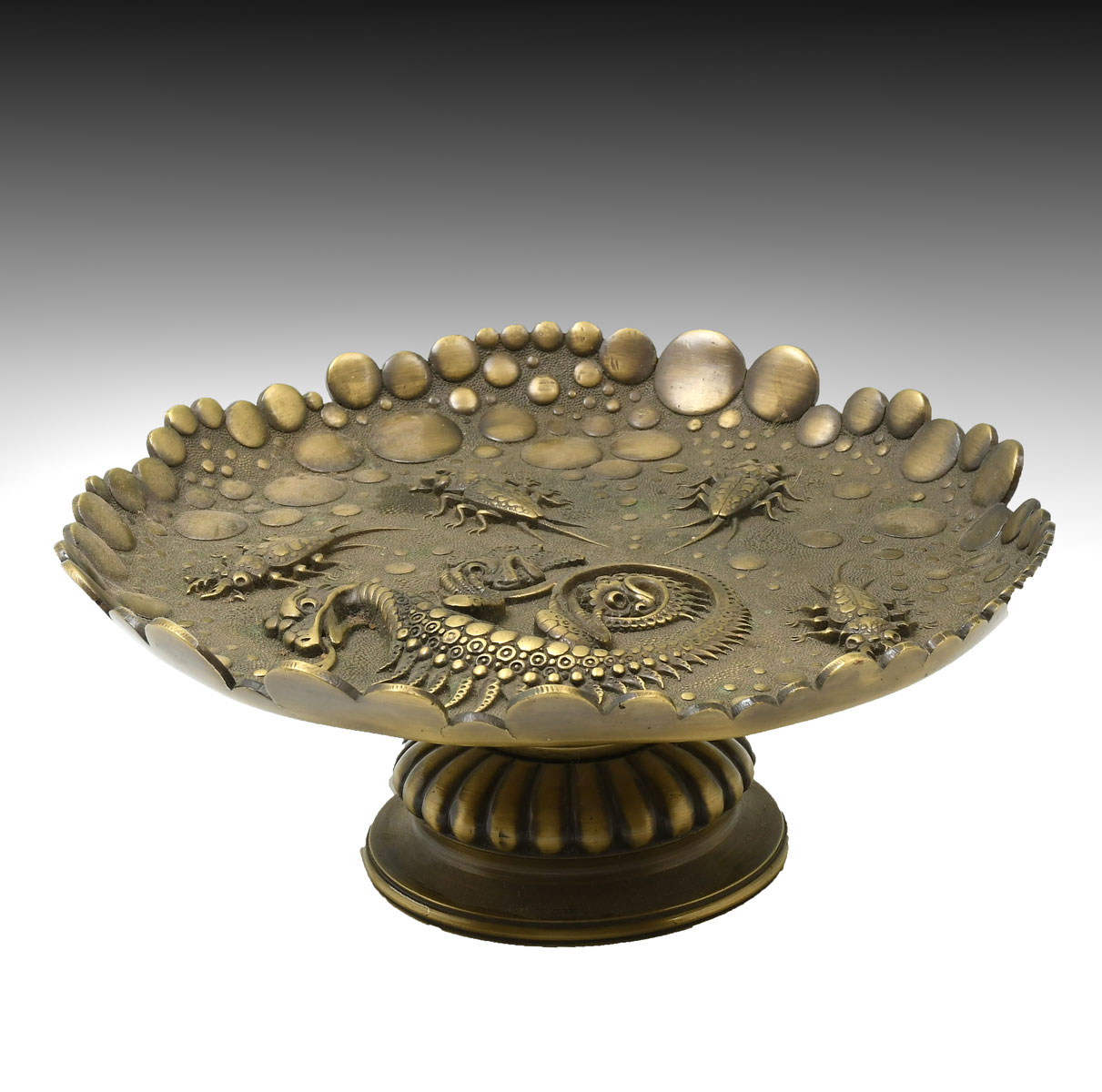 Appraisal: EMBOSSED BRONZE LIZARD INSECT TAZZA Bronze tazza with high relief