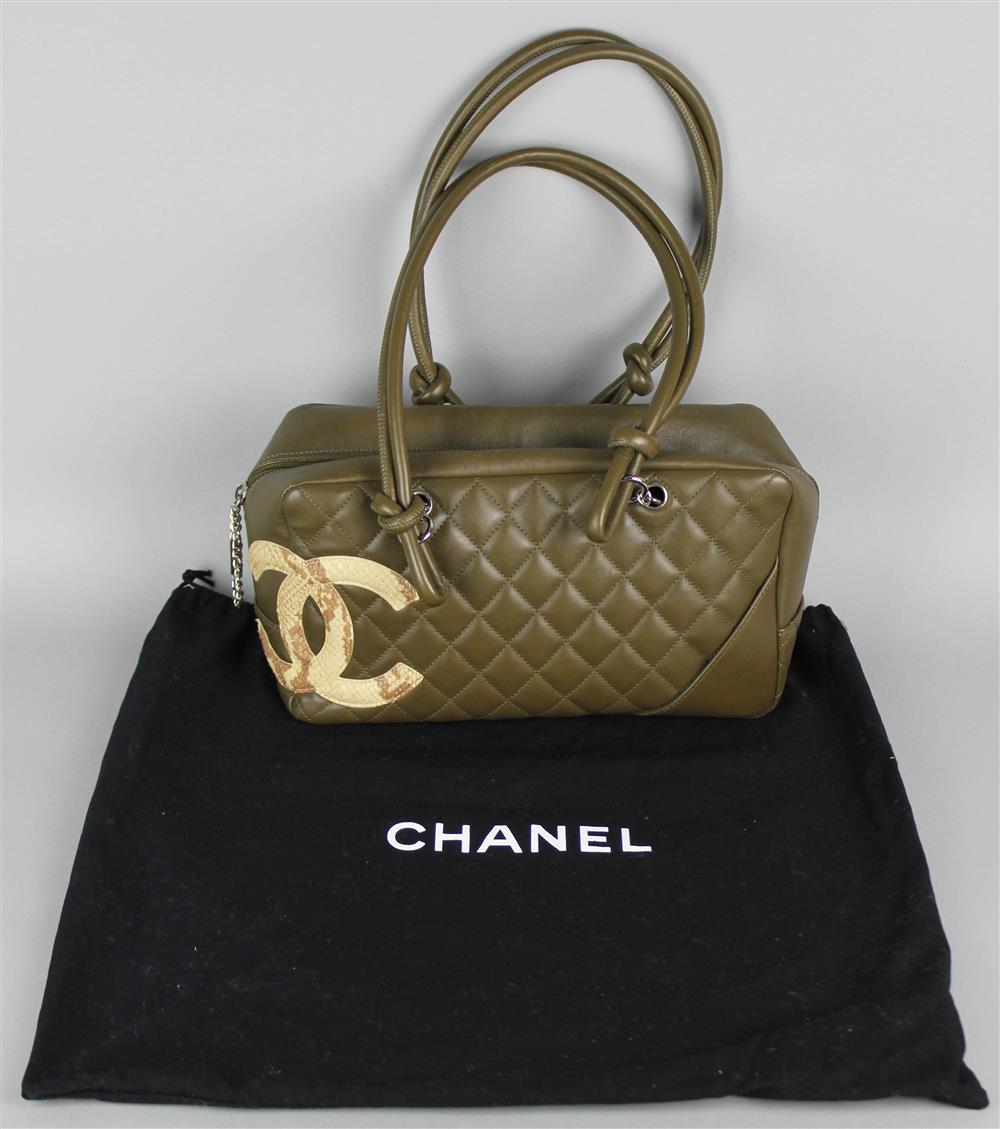 Appraisal: CHANEL LIGNE CAMBON HANDBAG the quilted leather is olive green