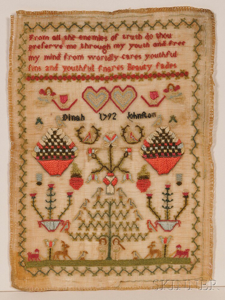 Appraisal: Miniature Needlework Adam and Eve Sampler Dinah Johnston finely stitched