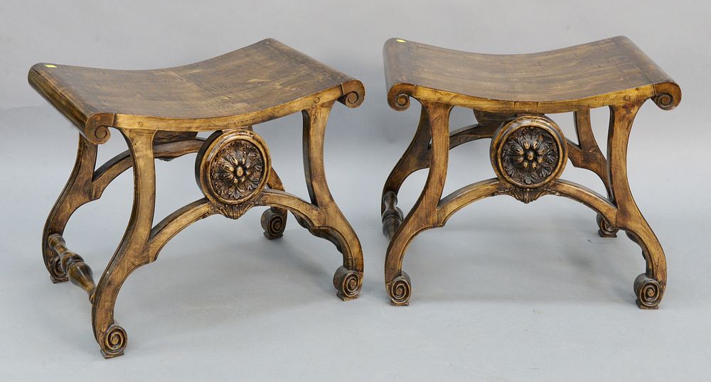 Appraisal: Pair of French style stools with carved rosette front ht