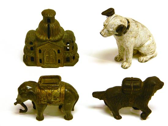 Appraisal: Four cast iron still banks ''Nipper'' the RCA dog an