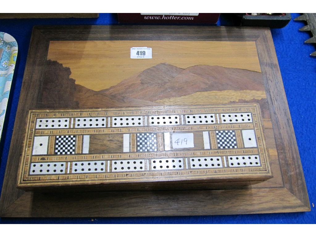 Appraisal: Lot comprising cribbage box and a parquetry inlaid panel