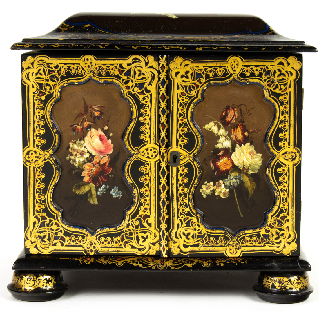 Appraisal: A Victorian papier mache lacquer and rosewood sewing box th