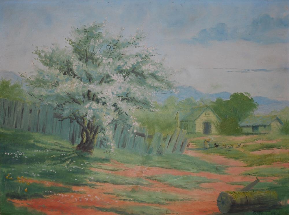 Appraisal: TOM GARRETT FARMYARD SCENE OIL ON BOARD X CM TOM