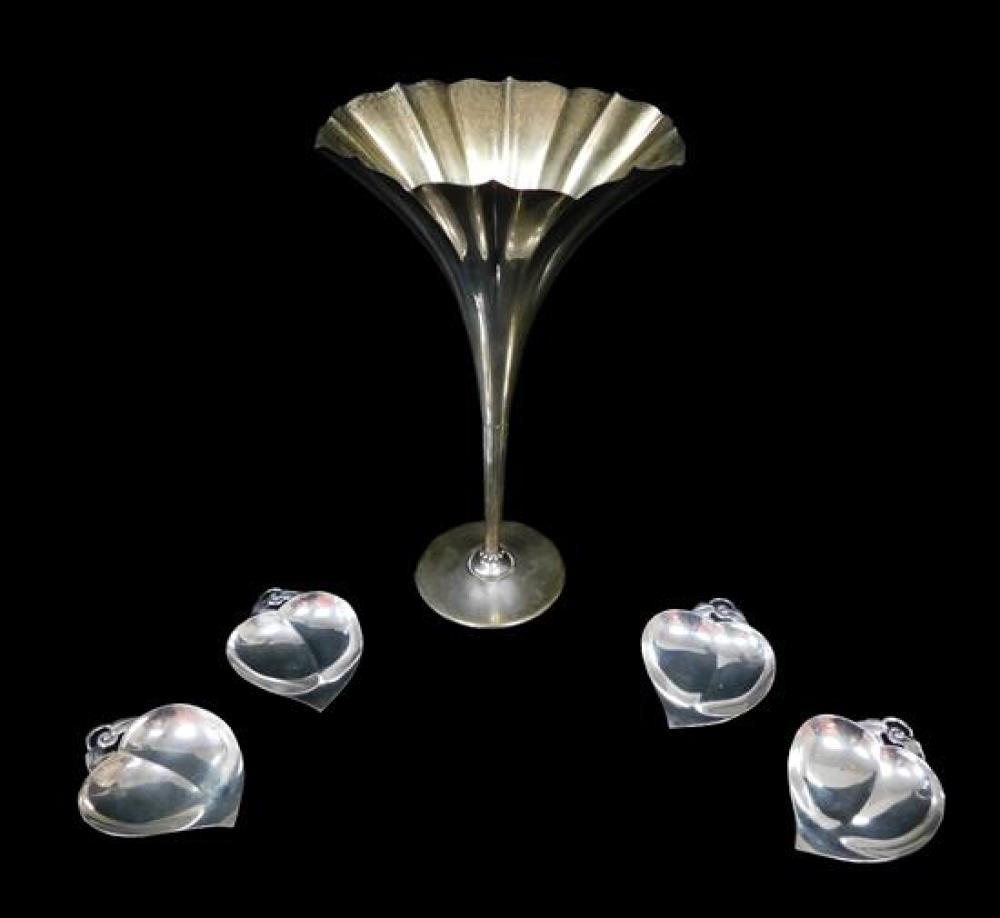 Appraisal: STERLING Tiffany vase and four heart shaped dishes details include