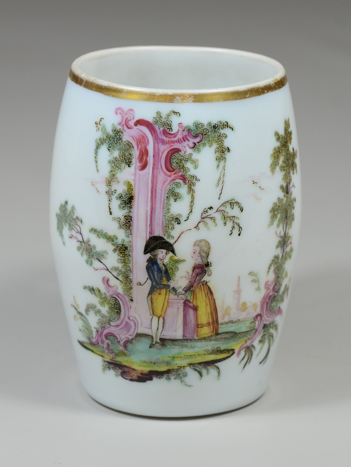 Appraisal: German Milchglas enameled handled mug with Rococo figures th century