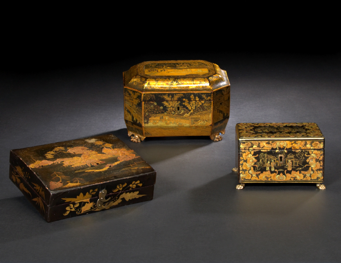 Appraisal: Chinese Export Deux-Couleur Gilded Black Lacquer Octagonal Tea Box second