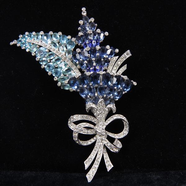 Appraisal: Mazer Blue Pave Floral Spray Brooch Pin with faceted sapphire