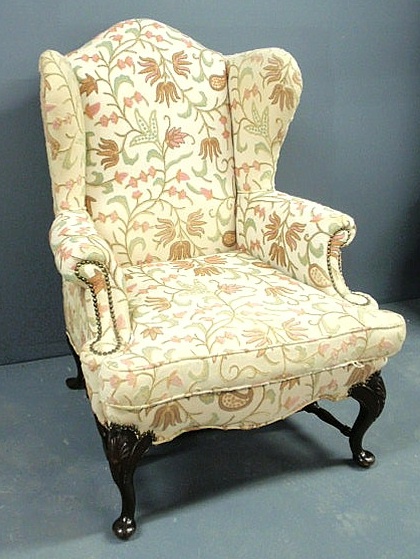 Appraisal: New England Queen Anne style wing chair with crewel upholstery