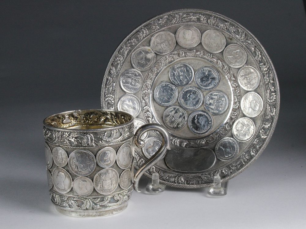 Appraisal: Thailand Solid Silver Cup and Saucer Inlaid with Baht Silver