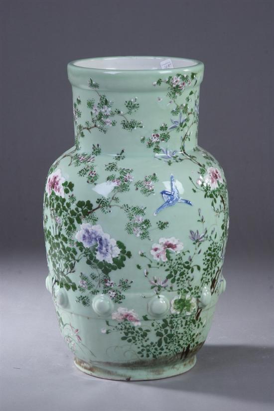 Appraisal: JAPANESE POLYCHROME PORCELAIN VASE Showa period Floral decoration on celadon