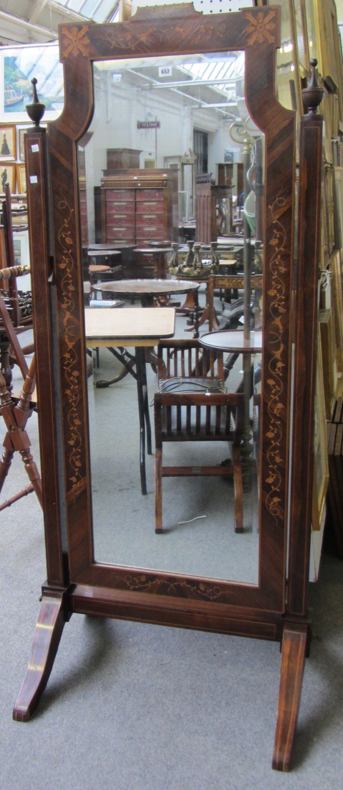 Appraisal: A th century marquetry inlaid rosewood cheval mirror on four