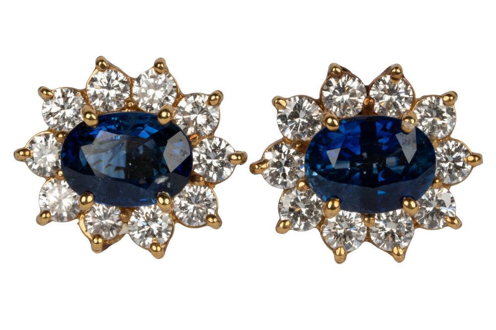 Appraisal: PAIR OF KARAT YELLOW GOLD DIAMOND SAPPHIRE EARRINGScontaining two oval