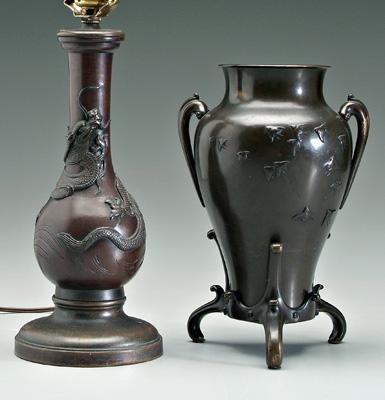 Appraisal: Two Japanese bronze vases one conical with two handles flock