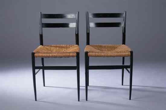 Appraisal: SET SIX MID-CENTURY MODERN EBONIZED RUSH-SEAT SIDE CHAIRS Ladder back