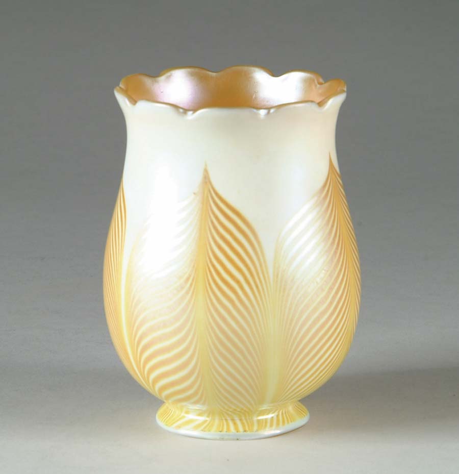 Appraisal: DECORATED ART GLASS SHADE Gold pulled feather decoration on white