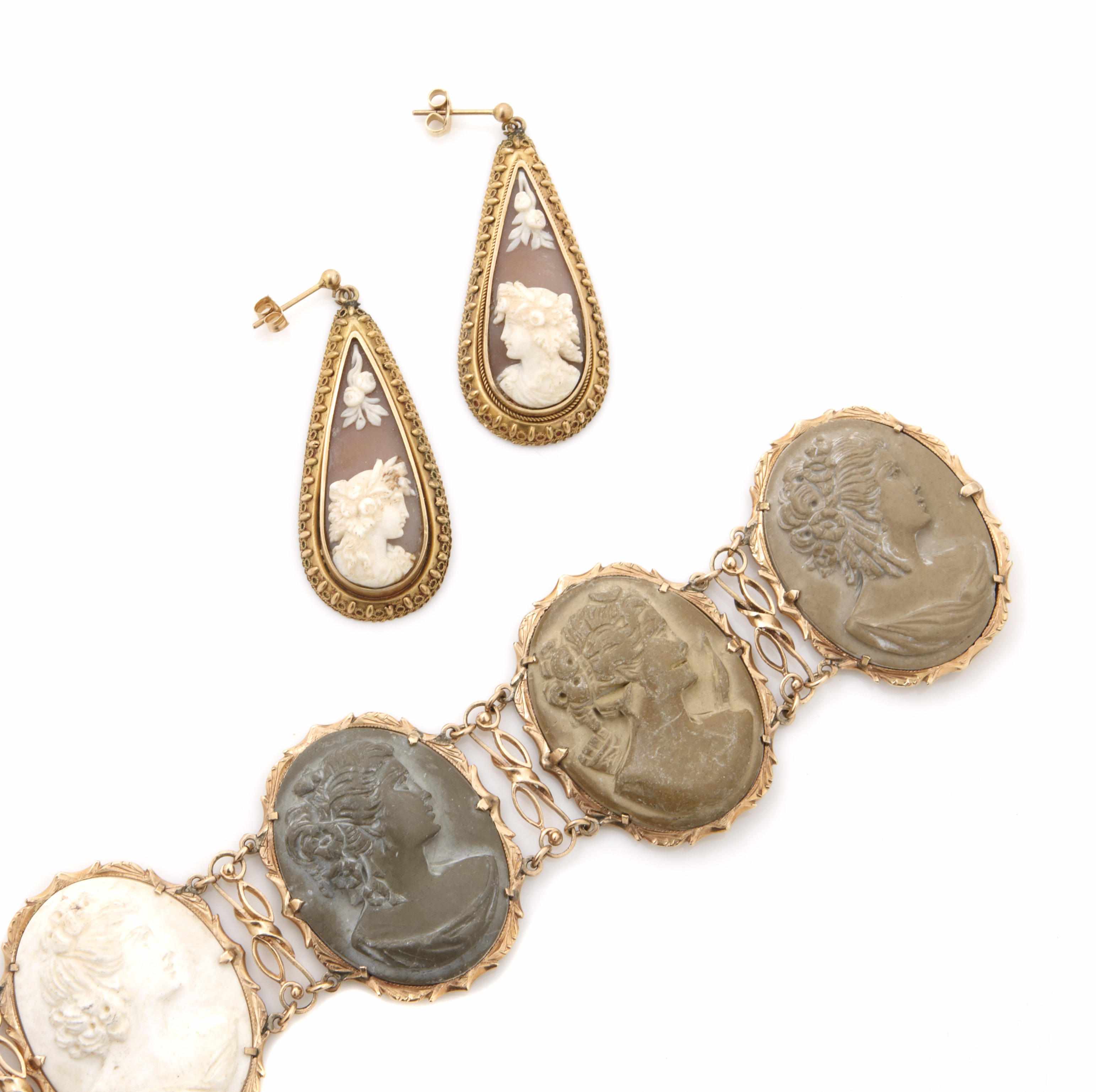 Appraisal: A group of carved lava gold and cameo jewelry comprising