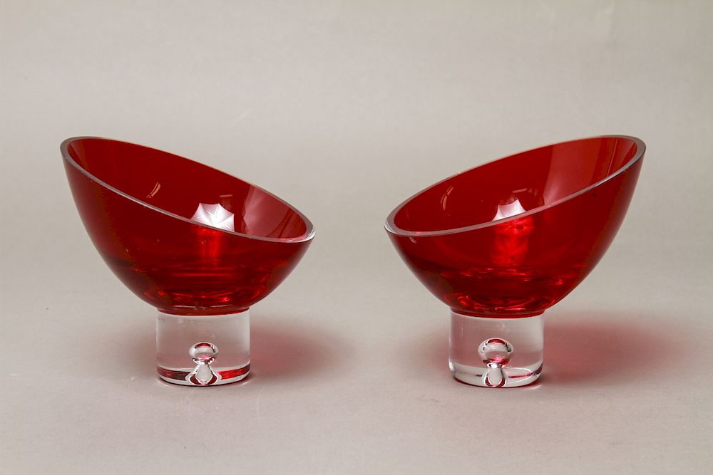 Appraisal: Swedish Red Art Glass Candy Bowls Pair Pair of Swedish