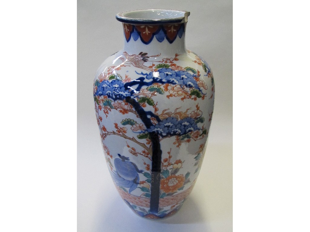 Appraisal: Large Japanese vase depicting flying cranes in a landscape def