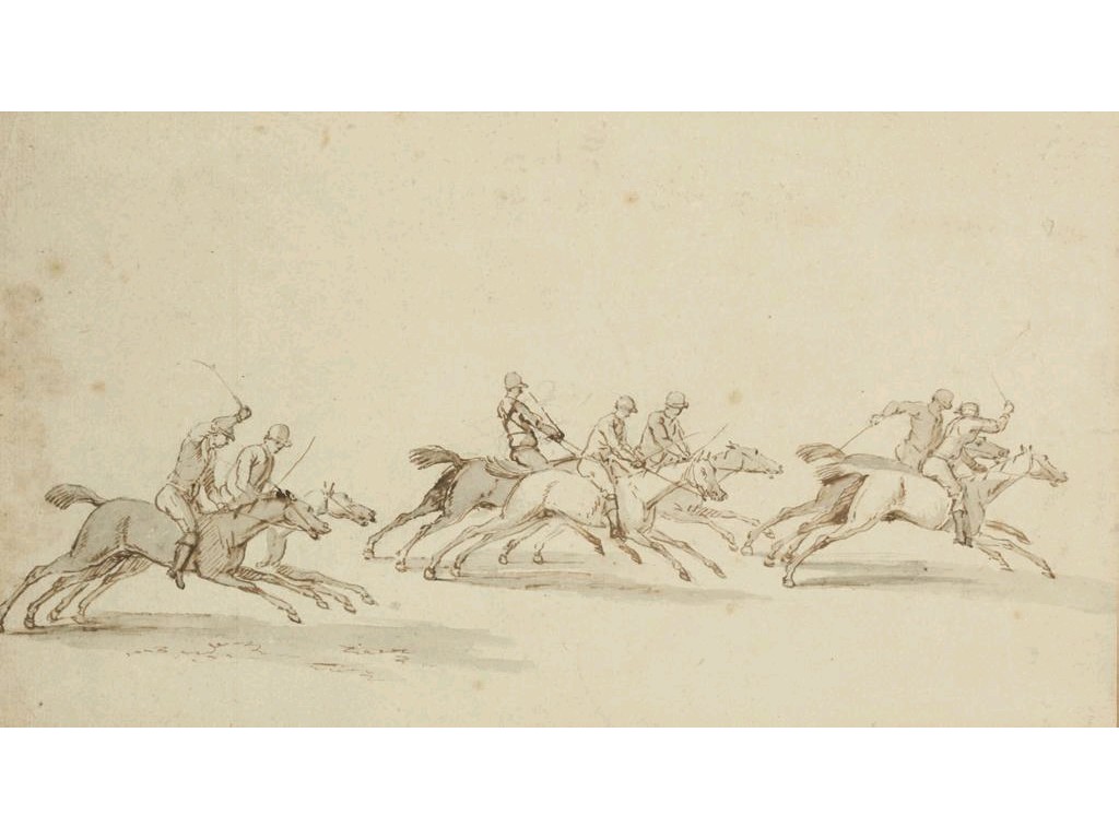 Appraisal: ATTRIBUTED TO JAMES SEYMOUR Horse Racing sepia ink and grey