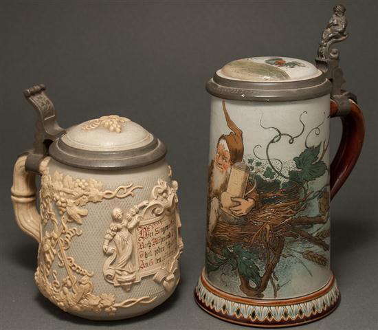 Appraisal: Two Villeroy Boch Mettlach pewter-mounted salt-glazed stoneware steins half-liter capacity