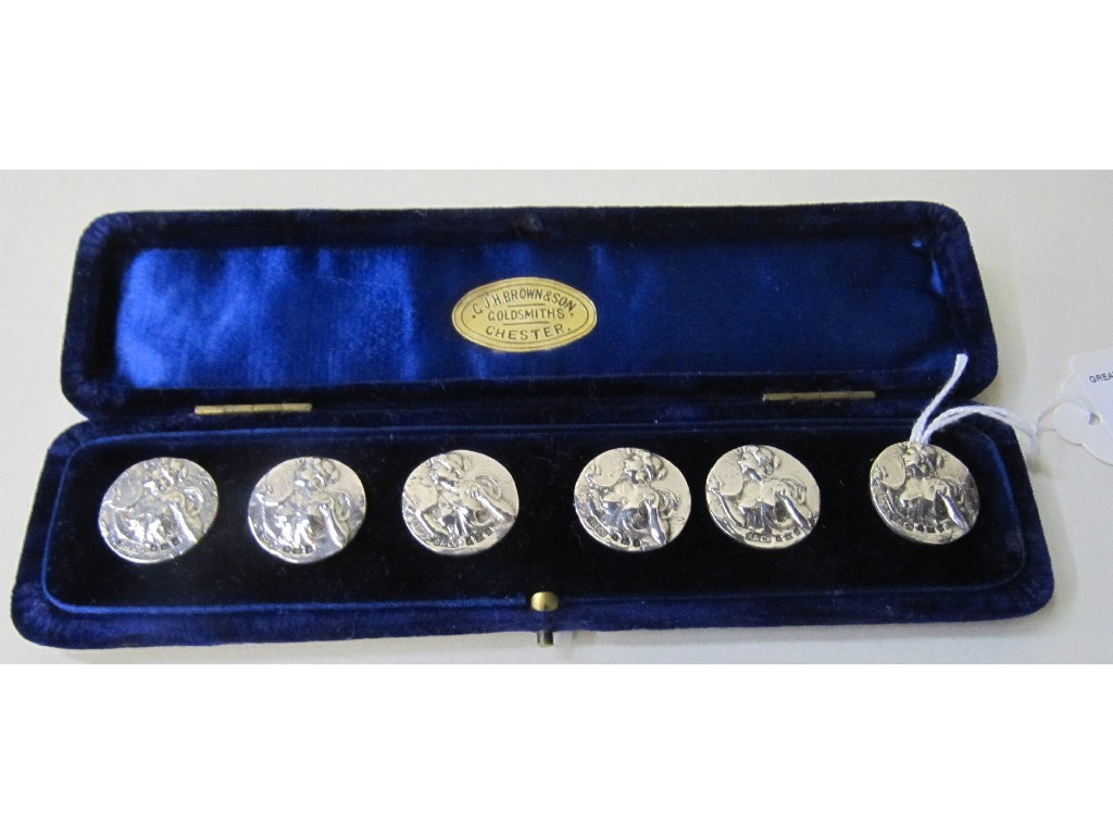 Appraisal: Cased set of six Art Nouveau silver buttons and embossed