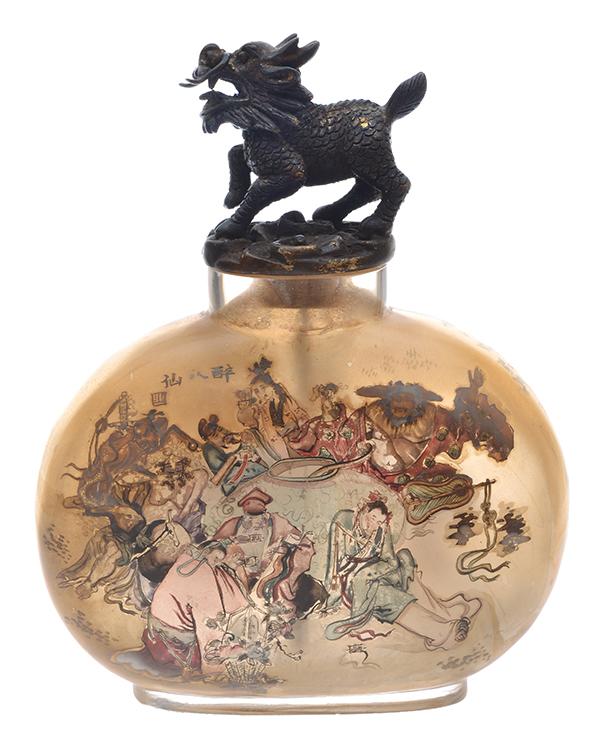 Appraisal: A LARGE INSIDE PAINTED GLASS SNUFF BOTTLE WITH BRONZE FO