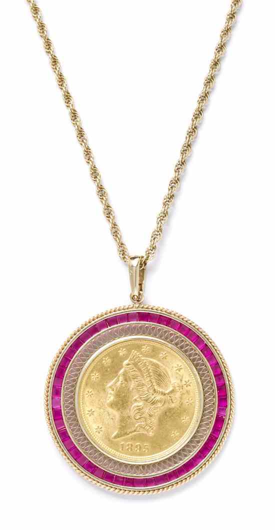 Appraisal: A Karat Yellow Gold Synthetic Ruby and US Gold Coin