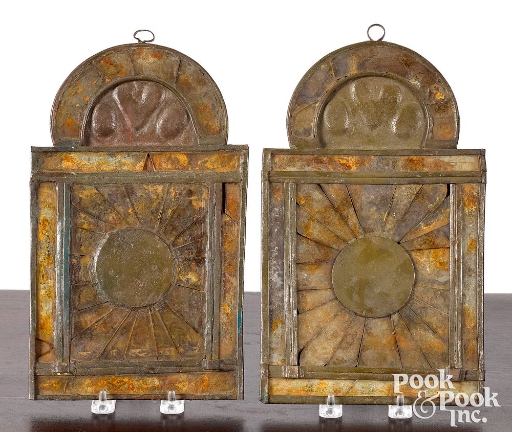 Appraisal: Pair tin reflector sconces th c Pair tin reflector sconces