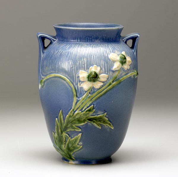 Appraisal: ROSEVILLE Experimental Thimbleweed vase crisply carved with white blossoms on