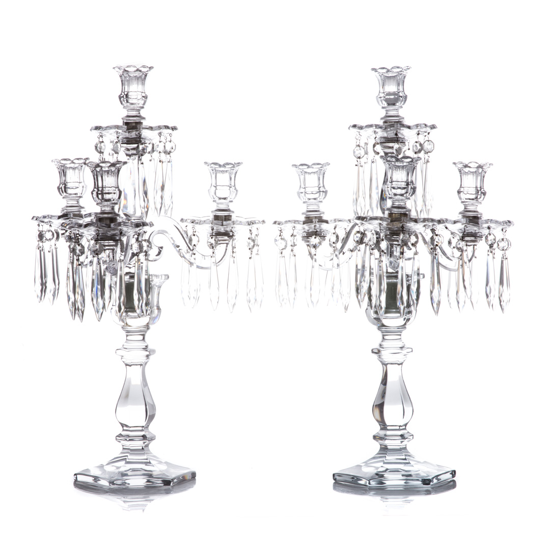 Appraisal: Pair crystal four-light candelabra two-part candelabra with hanging prisms in