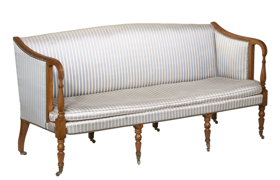 Appraisal: EIGHT LEG SHERATON SOFA Period Mahogany Swan-arm Frame with bowed