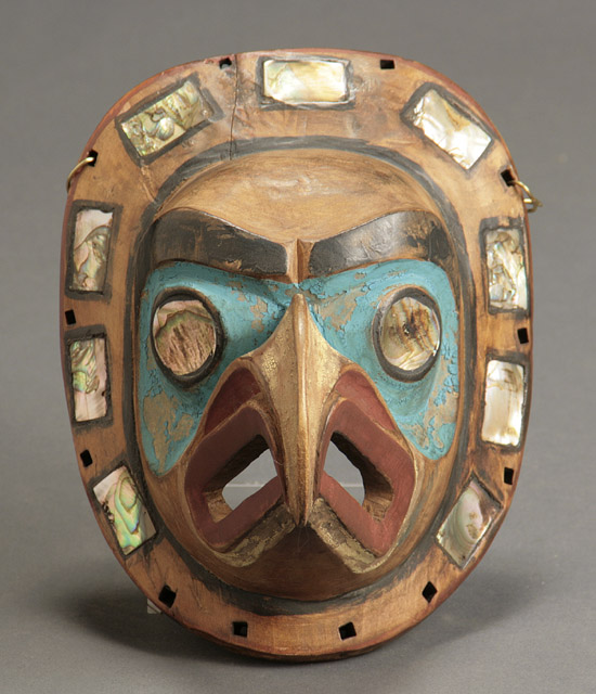 Appraisal: Northwest Coast Polychrome Decorated and Mother-of-Pearl Inlaid Carved Wood Frontlet