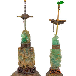 Appraisal: Two Chinese Green Quartz Vases Mounted as Lamps TH CENTURY