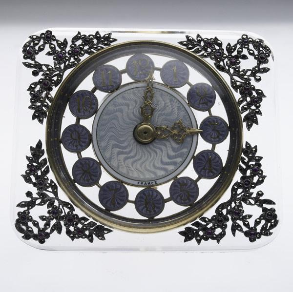 Appraisal: FRENCH CRYSTAL BOUDOIR CLOCK Guilloche pastel enameled face silver and