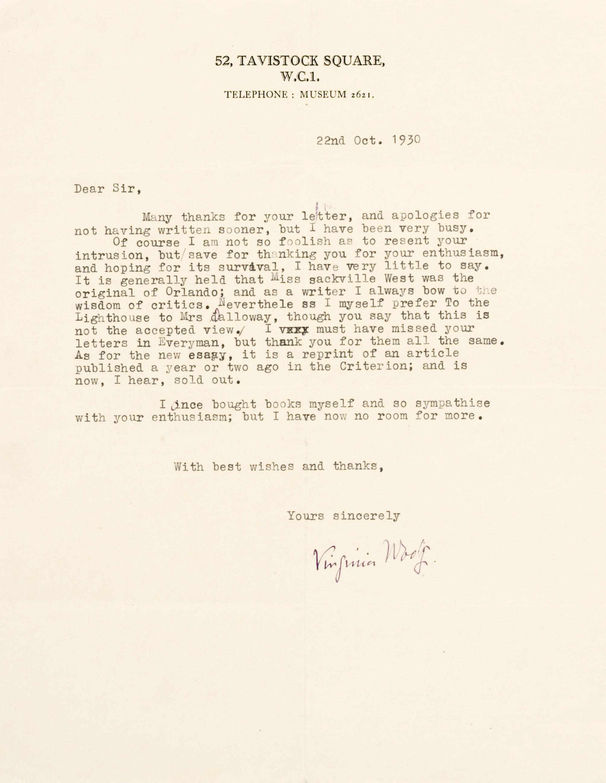 Appraisal: WOOLF VIRGINIA Typed Letter Signed ''Virginia Woolf'' p to Tavistock