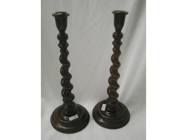 Appraisal: Mahogany Carved Candlesticks barley twist decor