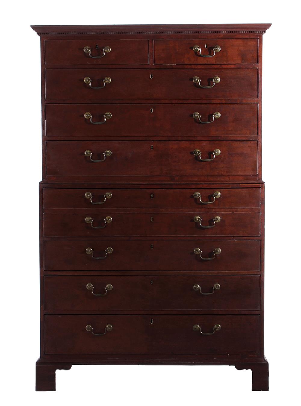 Appraisal: Georgian mahogany chest-on-chest with bureau drawer circa dentil-molded crown above