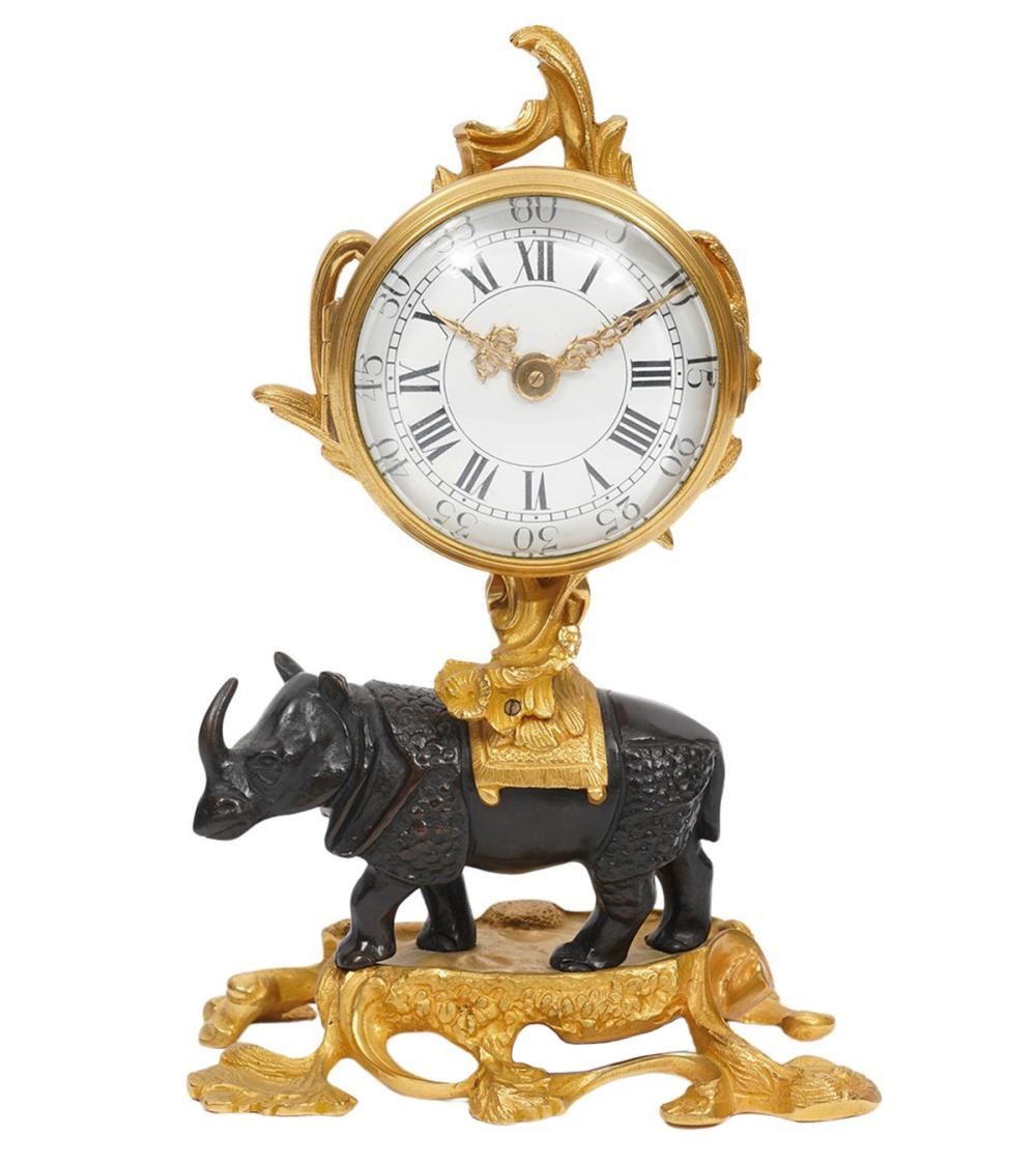 Appraisal: FRENCH BRONZE TABLE TOP RHINOCEROS CLOCK TH CT Louis XV