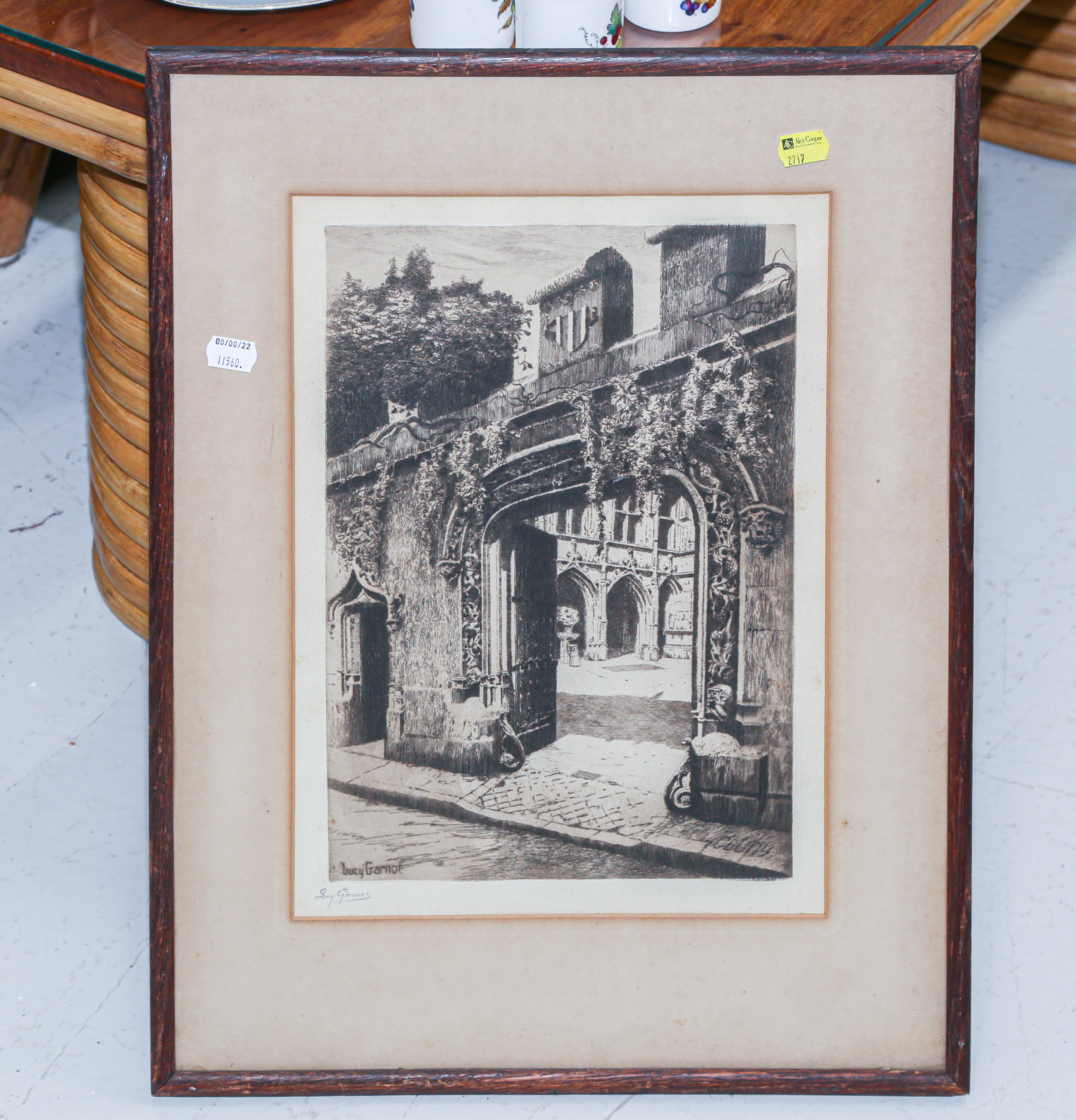 Appraisal: LUCY GARNOT MEDIEVAL COURTYARD ENGRAVING Sight size x in framed